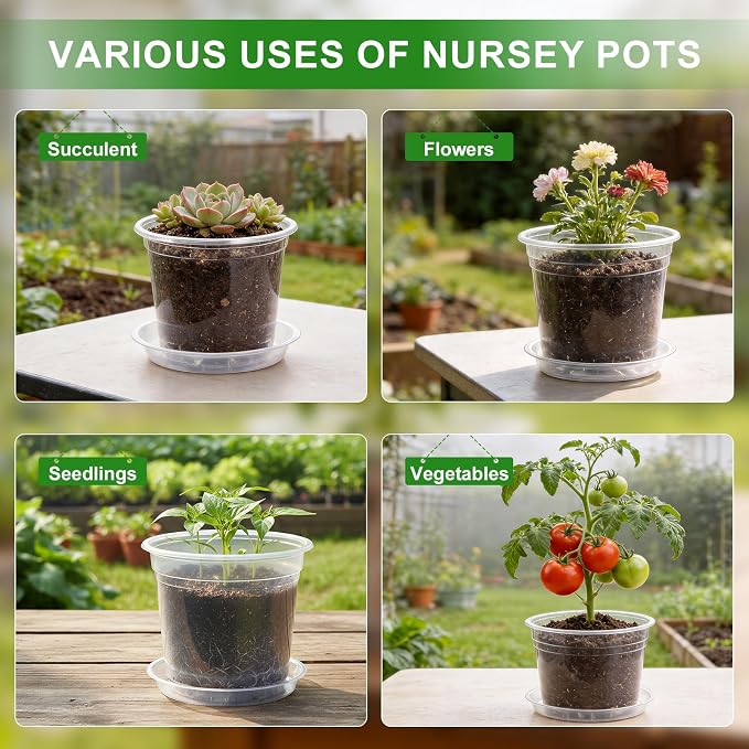 5/6/7/10 Inch Large Clear Nursery Pots with Drainage and Saucers - 16 Pack Plastic Plant Pots with Garden Tools & Labels, Seedling Pots for Transplanting Succulents Flowers Herb Vegetables