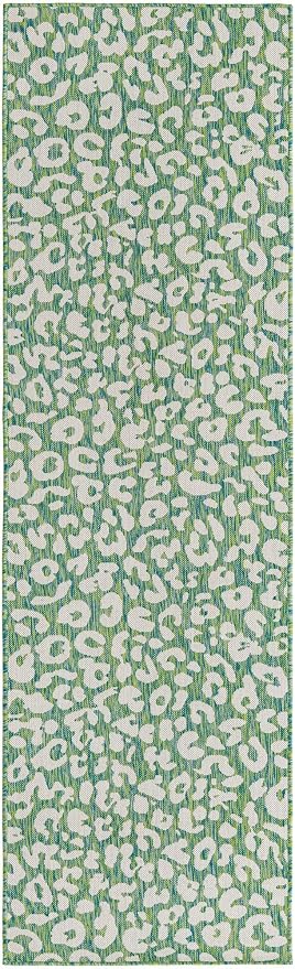 Unique Loom Outdoor Safari Collection Area Rug - Leopard (2' 11" x 10' Runner, Green Blue/ Ivory)