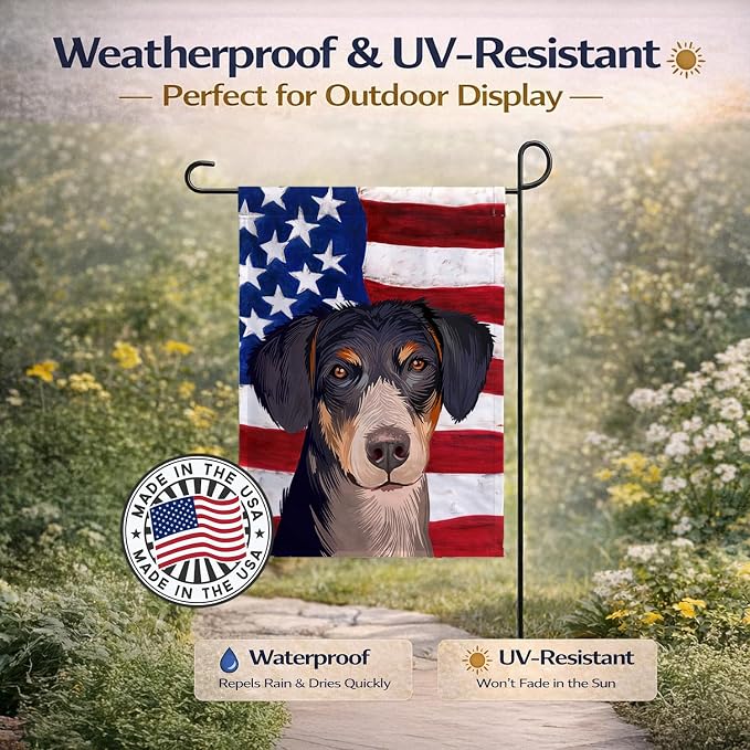 Caroline's Treasures CK6520GF Eurohound Dog American Flag Garden Flag Mailbox Flag Decorative Yard Flag Banner Outside Patio Artwork Yard Flower Beds, Garden Size, Multicolor