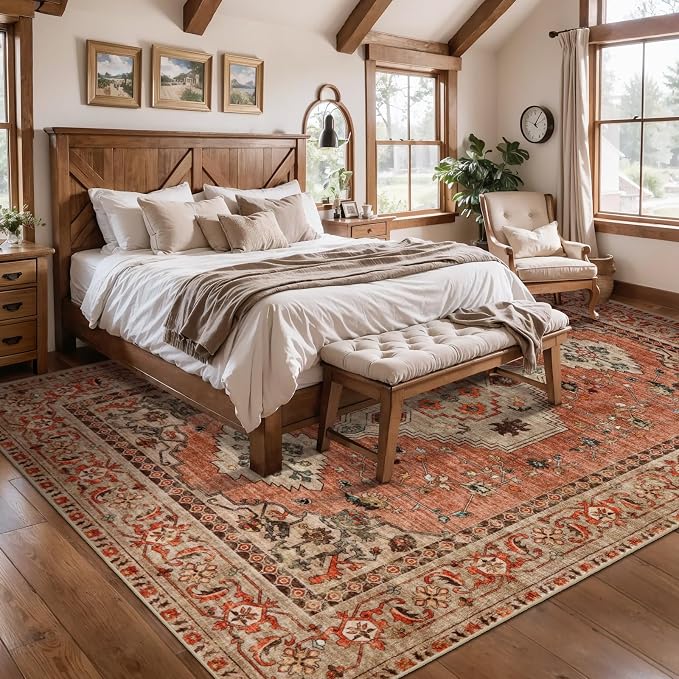 Tangsoo Boho 6x9 Washable Area Rugs for Living Room, Oriental Vintage Indoor Non Slip Large Area Rugs, Print Terracotta Carpet, Soft Low Pile Rug Foldable Floor Rugs for Bedroom Dining Room Home Decor
