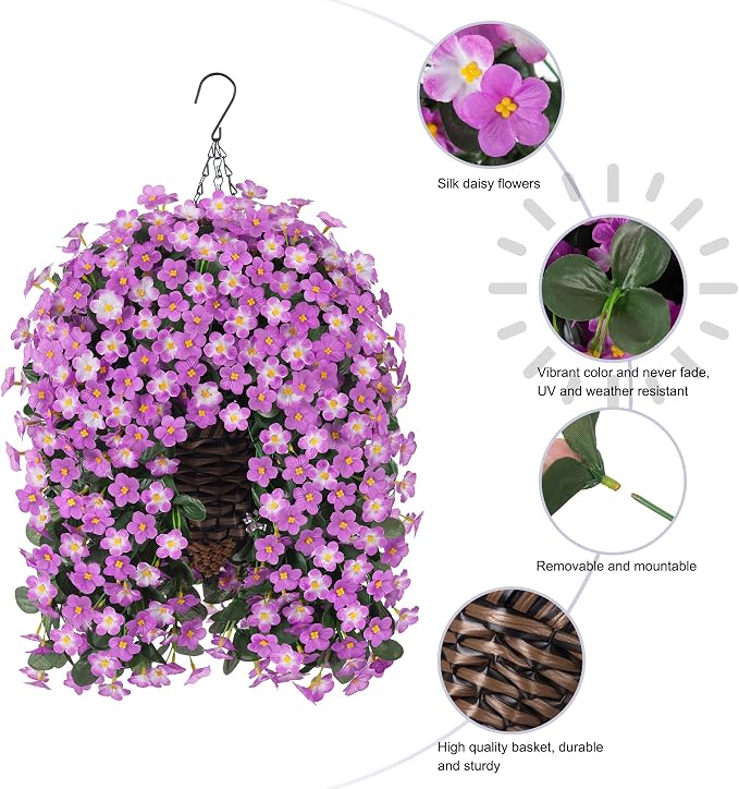 Artificial Hanging Daisy Flowers Plants Baskets for Outdoor Decoration, Fake Silk Light Fuchsia Mums Orchid Trailing Vines in Planter Realistic UV Resistant for Balcony Porch Decor