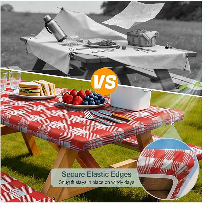 Play Tailor Picnic Table Cover with Bench Covers Camping Essentials Waterproof Windproof Camping Tablecloth with Drawstring Bag, Fitted Rectangle Tables and Seats, 96in, Red Checkered