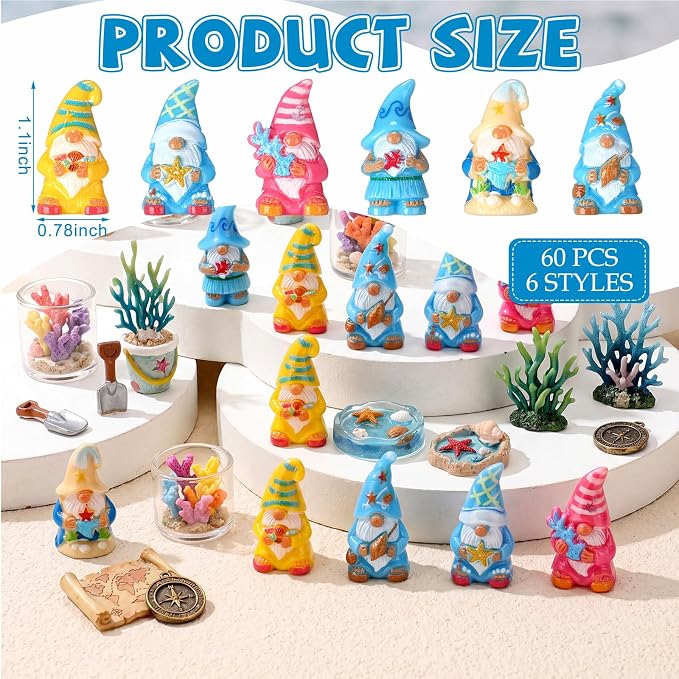 Yaomiao 60 Pcs Mini Summer Ocean Gnomes Figurines Summer Starfish Coral Shell Miniature Tiny Resin Statues Gnomes Figures Resin Gnome Decorations for Beach Hawaiian Party Favor Gift Tiered Tray Decor