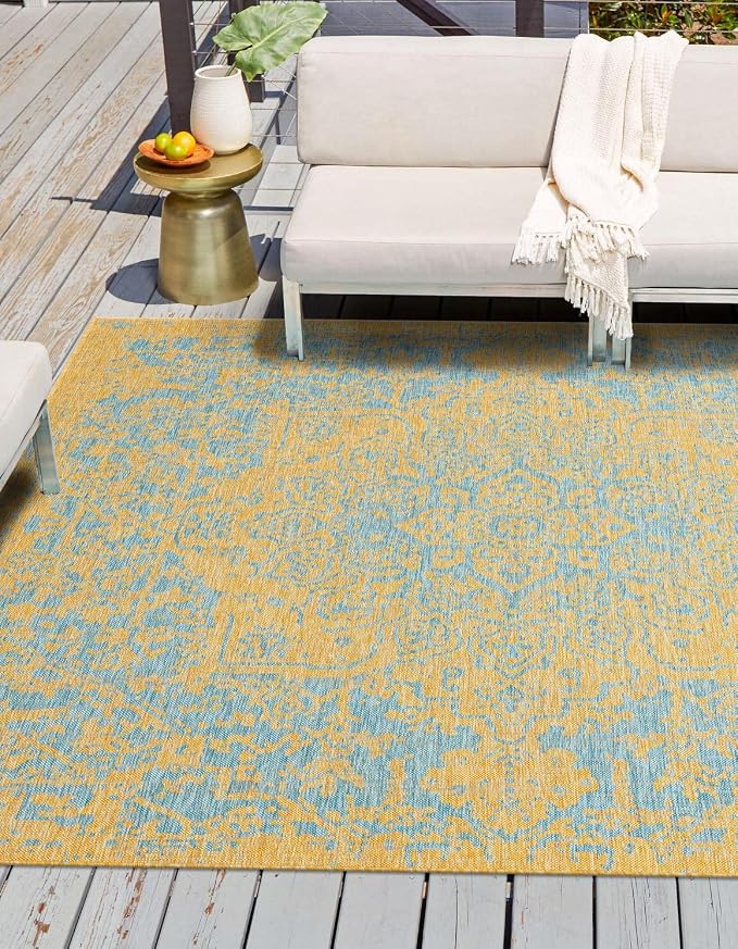 Unique Loom Jill Zarin Jill Zarin Outdoor Collection Area Rug - Dubai (13' Square, Yellow and Aqua/Light Blue)