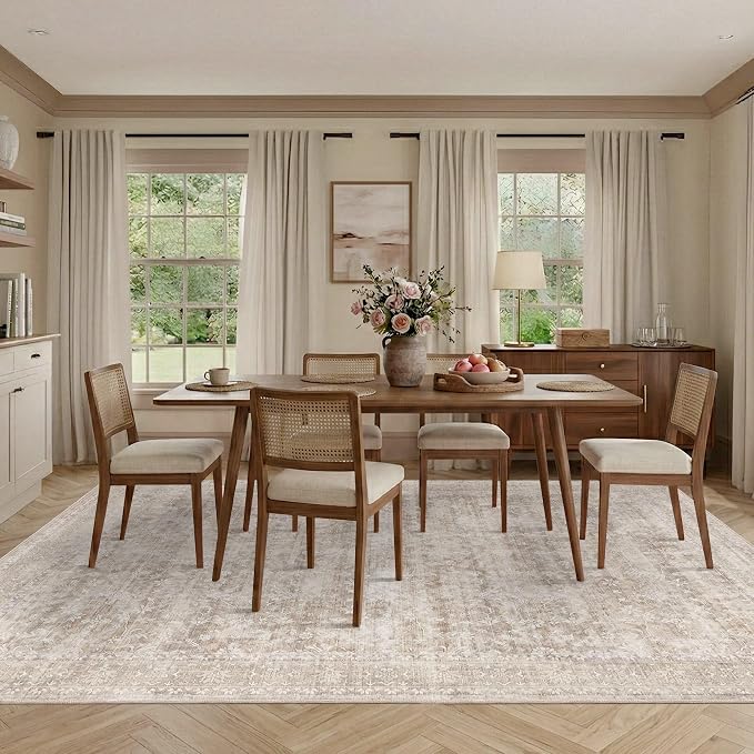 Latte&Fog Beige 8x10 Area Rugs for Living Room Netural Large Washable Rugs | Non Slip Low Pile Soft Floral Carpet for Girls Bedroom Dining Kitchen Kids Playroom Nursery Classroom Dorm Farmhouse Office