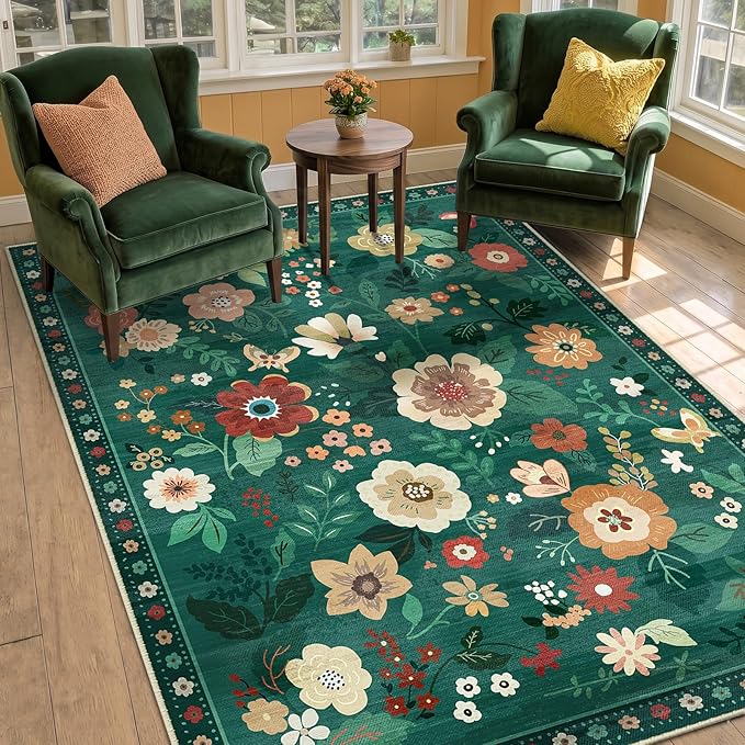 RELEANY Floral Washable 3x5 Area Rugs DarkGreen | Flower Carpet, Print, Boho, Non-Slip, Easy to Clean, Soft, Low Pile for Living Room Bedroom Kitchen Office Entryway Hallway