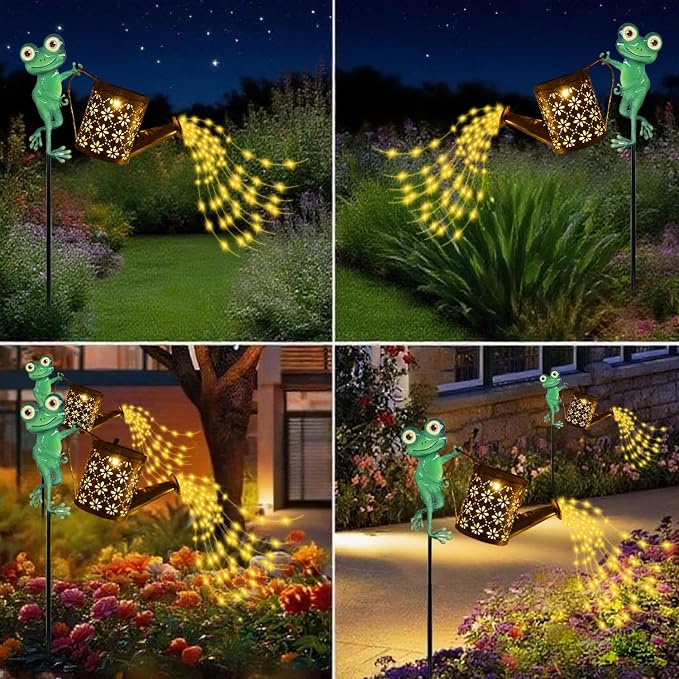 Solar Watering Can with Cascading Lights Outdoor Garden Decor, Frog Shaped Hook Gardening Gifts for Mom Women Grandma Birthday, Solar Lights for Garden Decorations Patio Yard Lawn Backyard