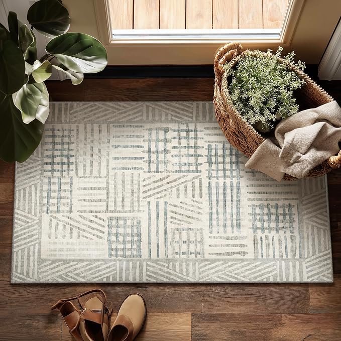 Non-Slip Washable Entry Rug 2x3 Abstract Geometric Textured Brushstroke - Neutral Gray & Light Blue Modern Minimalist Hallway Runner Rug, Decorative Carpet for Living Room Bedroom Home Decor