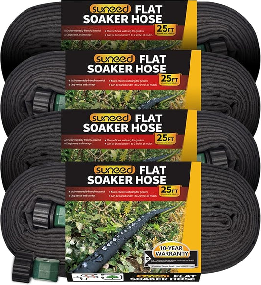 4 Pack Flat Soaker Hose 25FT for Garden Beds, Lightweight Drip Soaker Hose 100 ft for Foundation Watering of Plants – Garden Sprinkler Soaker Hoses with Heavy Duty & Easy to Install (25ftx4)
