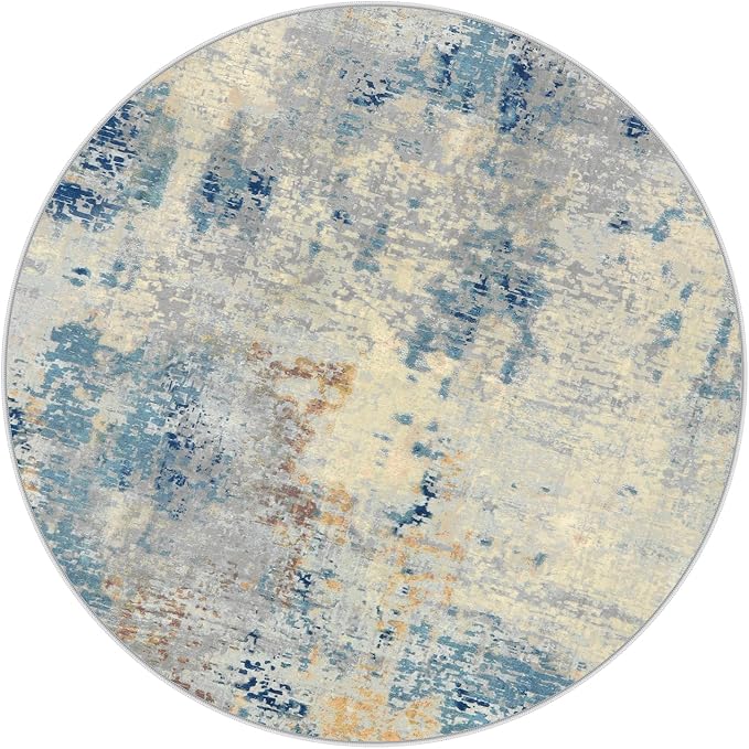 Lahome Washable Round Rug 5Ft, Blue Modern Abstract 5x5 Circle Rugs for Living Room Bedroom, Soft Contemporary Large Indoor Carpet for Kitchen Apartment Basement Home Office