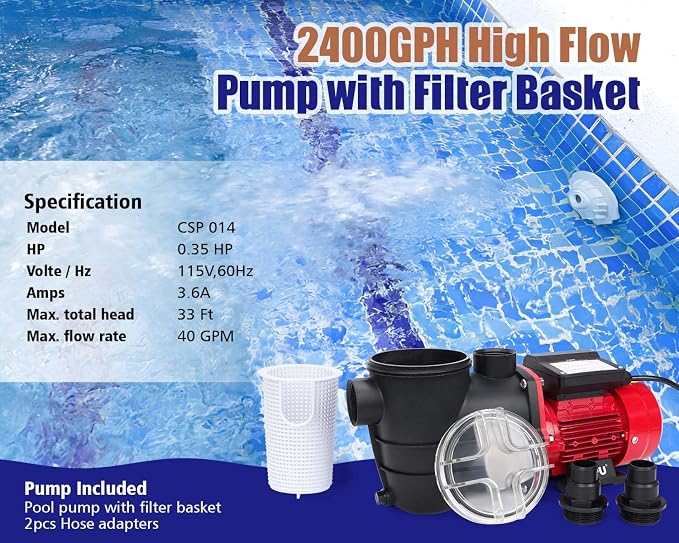CIPU 1/3 HP Pool Pump with Filter Basket, 2400 GPH Above Ground Pool Pump with Hose Adapters, Self-Priming Pool Filter Pump Replacement for Sand Filter Systems and Frame Pools