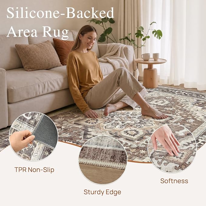 DTICON Vintage Washable 9x13 Area Rug Living Room Rugs, Dark Brown | Boho Distressed, Pet & Kid Friendly, Non-Slip Backing, Soft Polyester, Low-pile Carpet for Living Room, Bedroom, Dining Room