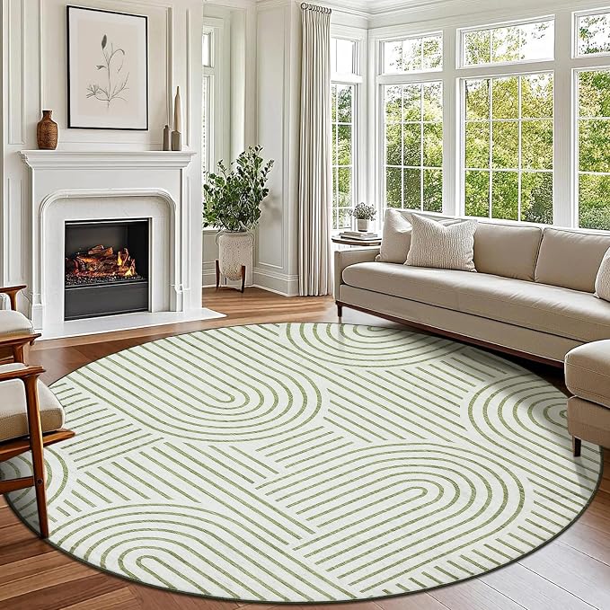 ROYHOME Modern 6ft Round Washable Rug for Living Room Soft Non Slip, Green | Abstract Area Rug for Bedroom, Rainbow Throw Rugs with Rubber Back, Low Pile Stain Resistant Geometric Carpet for Dining Room