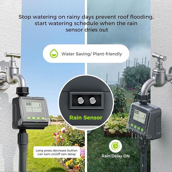 Sprinkler Timer, Watering Timer for Garden Hose, Programmable Hose Faucet Timers with Rain Delay, Outdoor Soaker Automatic & Manual Drip Irrigation Controller System for Lawn Yard Greenhouse