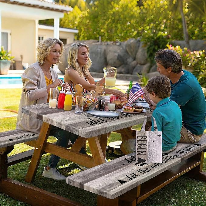 Picnic Table Cover with Bench Covers Elastic Edges Camping Essentials 4 Pcs Wood Grain Brown Waterproof Oil-Proof Tablecloth with Handbag for RV Accessories Farmhouse Camping Rustic Party Decor 72 IN