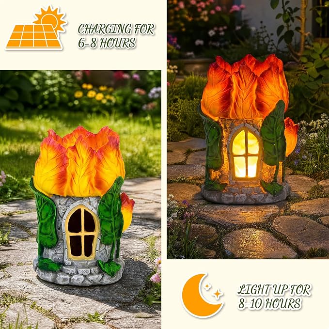 Fairy Garden House with Solar Light,Outdoor Figurine Lights Garden Statues,Yard Decorations Outdoor Fairy Garden Accessories,Decor Gifts for Mom Women (Tulip)