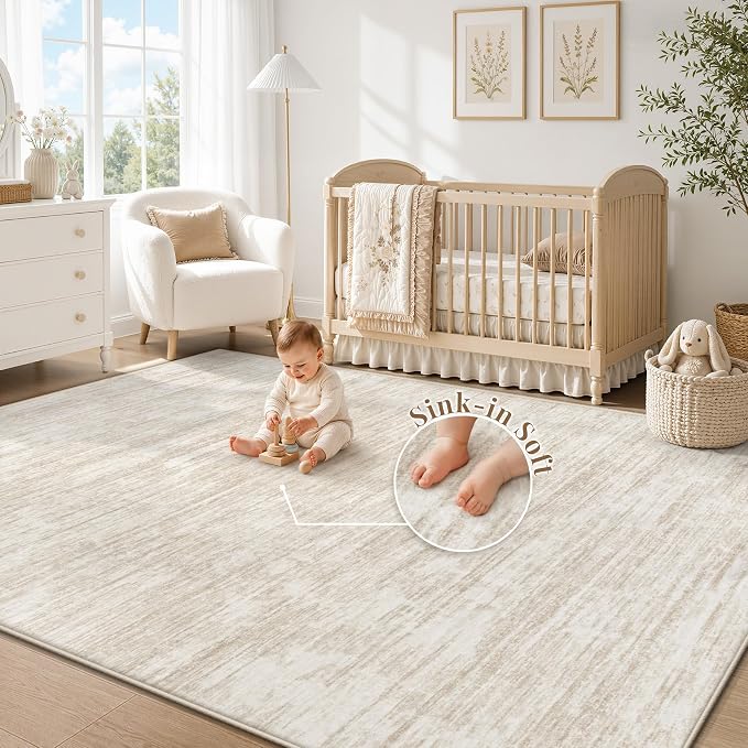 5x7 Area Rugs Living Room Rug: Washable Modern Abstract Rugs Neutral Non Slip Rug Soft Low Pile Indoor Bedroom Carpet for Nursery Office Dining Room Kids Room (Beige, 5'x7')