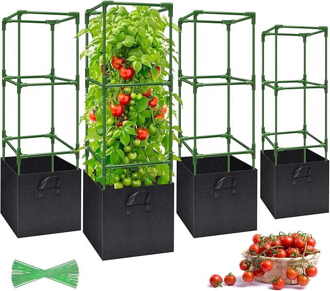 Legigo 4 Pack Tomato Cages with 17 Gallon Grow Bags- 47 Inch Square Tomato Cages for Garden, Heavy-Duty Tomato Stakes Plant Support Cages Trellis for Garden Vertical Climbing Plants Vegetables
