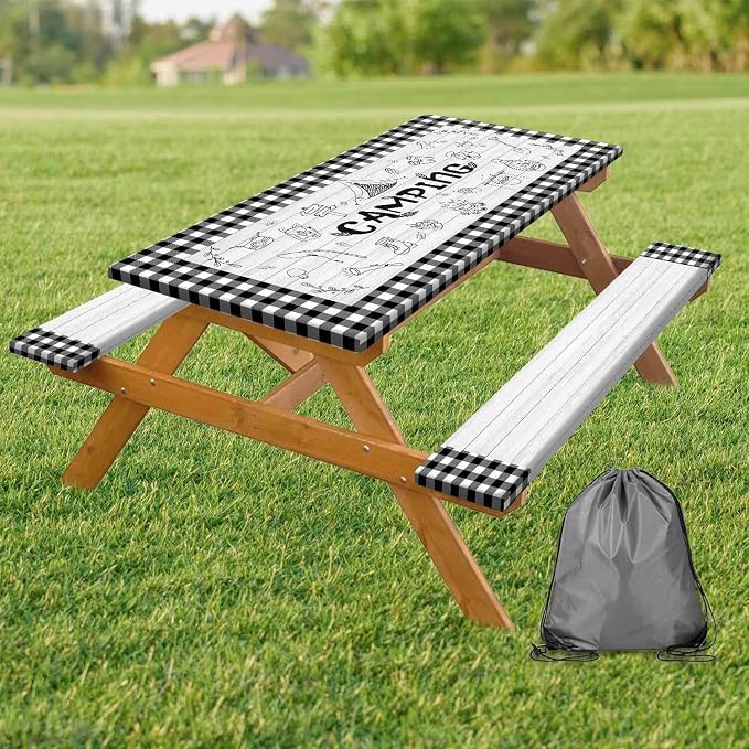 Picnic Table Cover with Bench Covers Checkered Camping Tablecloth, Waterproof Windproof Reusable Picnic Table Covers with Drawstring Bag, Outdoor Patio Camping Essentials, 60In 3PCS