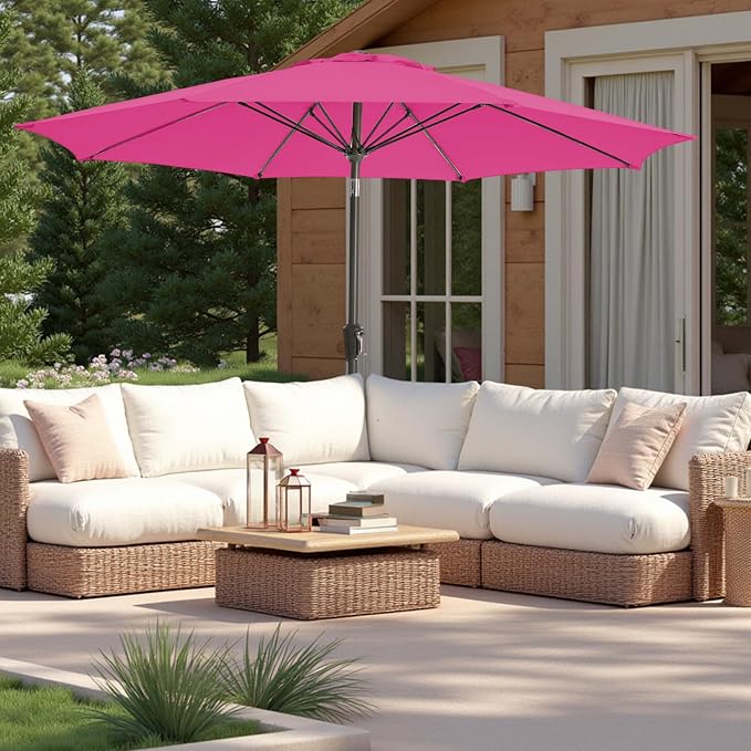 9FT Large Outdoor Patio Umbrella Pool Market Umbrella-UV Resistant, Easy Push Button Tilt and Crank, 8 Sturdy Ribs Heavy-Duty Table Umbrella for Deck, Backyard, Garden (Pink)