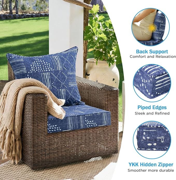 Outdoor Deep Seat & Back Cushion Set (2-Pack), 24 x 24 Inch Water Repellent and Fade Resistant Patio Furniture with Removable Cover for Outside Sofa Couch, Cobalt Grid