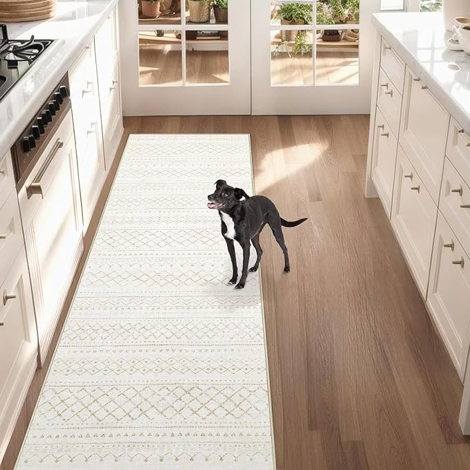 Runner Rug 2x5 Boho Geometric Area Rugs: Small Washable Kitchen Rug, Soft Non Slip Moroccan Long Hallway Rugs for Bedroom Bathroom Laundry Entryway Staircase Foyer(Beige,2X5)