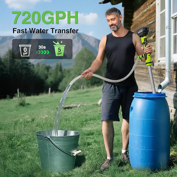 Cordless Stick Water Transfer Pump, Portable Battery Powered Sump Pump with 2 x 4000mAh Rechargeable Batteries, 720 GPH, 32 FT Lift for Pool, Garden, Pond, Boat, RV, Rain Barrels, Outdoor Draining