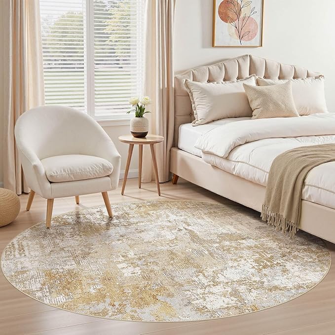 Tortania Washable 8' Round Area Rug for Living Room: Modern Abstract Neutral Large So' Thin Rugs - Non Slip Indoor Carpet for Bedroom Dining Room Office Nursery Home Floor Decoration - Brown Grey