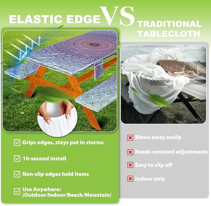 Wrakus Picnic Table Cover with Bench Covers Vinyl Elastic Edges Fitted Rectangle Seat Tables Waterproof 3-Piece72X30in Set Outdoor Rectangular Folding Backing Tablecloth for Camping Over Size