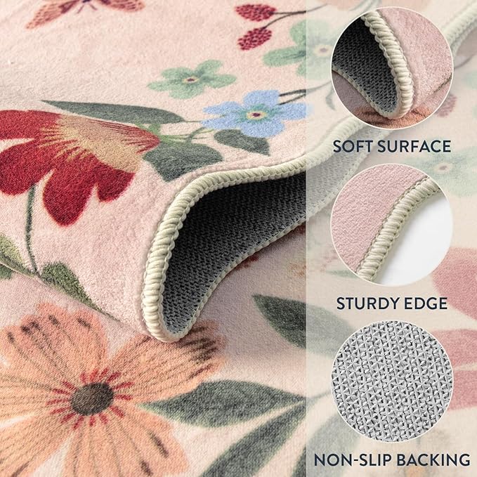 Lahome Floral Kitchen Runner, 2X6 Washable Runner Rug Non-Slip | Ultra-Thin Soft Hallway Rug Stain Resistant Boho Carpet for Bedroom Laundry Bathroom Flore, Light Pink