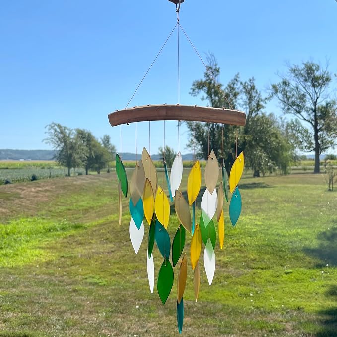 Blue Handworks Rainforest Waterfall Glass Wind Chime | Handcrafted Waterfall Glass Wind Chime in Deep Emerald Green, Bold Gold, Chartreuse Yellow, Dark Teal and Frosted White