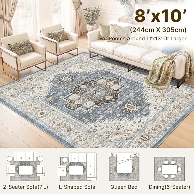 8x10 Area Rug Vintage Washable Rugs for Living Room Bedroom Nursery | Farmhouse Boho Floral Neutral Washable Stain Resistant Indoor Carpet for Bedroom Office and Home Decor (Floral Blue)