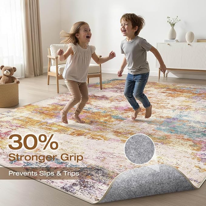 LOONGRUG 6x8 Area Rug Washable Neutral Modern Living Room Rug Multi Gold | Abstract Soft Stain Resistant Indoor Non-Slip Carpet for Bedroom Nursery Kids Office Playroom Dining Room