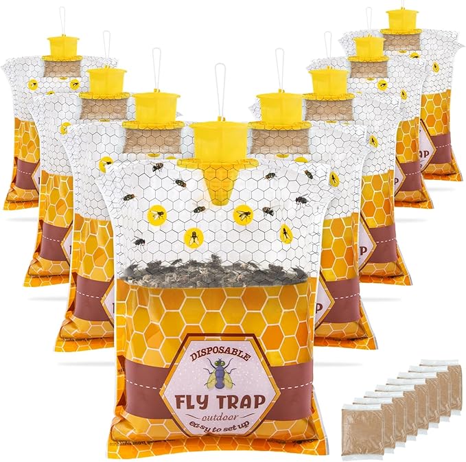 8 Pack Big Fly Traps Outdoor Hanging for Patio, Flies Bags Outdoor Disposable with 50g Bait, Bug Fly Hunter Catcher Killer Control for Barn Horse Ranch Chicken Coop