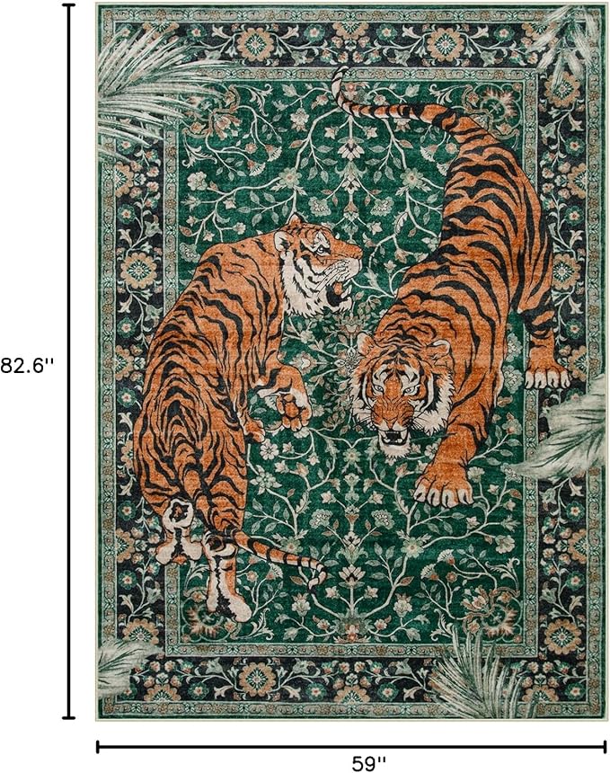 Moynesa Tiger 5x7 Area Rug, Boho Washable Living Room Rug, Non Slip Green Rugs for Bedroom, Ultra Thin Vintage Soft Stain Resistant Throw Floor Carpet for Office Dining Room