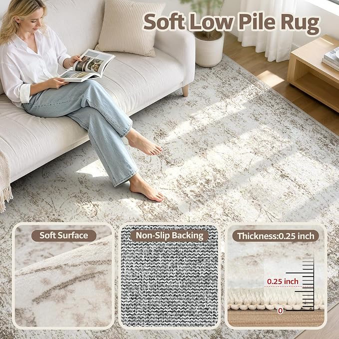 9x12 Washable Area Rug Modern Abstract for Living Room Bedroom Beige | Soft Indoor Carpet,Anti-skid Backing,Water Repellent,Non-shedding, Suitable for bedroom dining farmhouse nursery home office