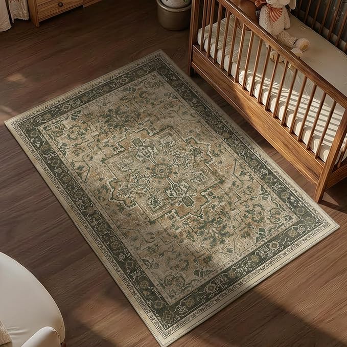 Retro Distressed 3x5 Area Rugs Washable Non Slip, Medallion Printed Small Foyer Throw Rugs for Entryway, Thin Carpet for Bedroom/Mudroom/Dorm/Bathroom/Kitchen/Closet, Multi Brown Olive Accents