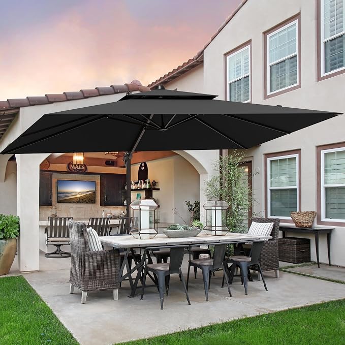 9x12FT Black Cantilever Outdoor Patio Umbrella with Base, Large Rectangular Offset Design, Double Top Heavy Duty Aluminum Frame & 360° Rotation for Pool Garden Deck Backyard