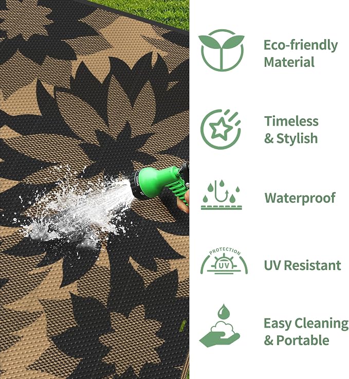 GENIMO Outdoor Rug 6' x 9' Waterproof for Patio Clearance, Reversible Plastic Straw Camping Mat, Light Weight Carpet for Rv, Camper, Deck, Porch, Picnic, Balcony, Beach,Charcoal Black & Brown