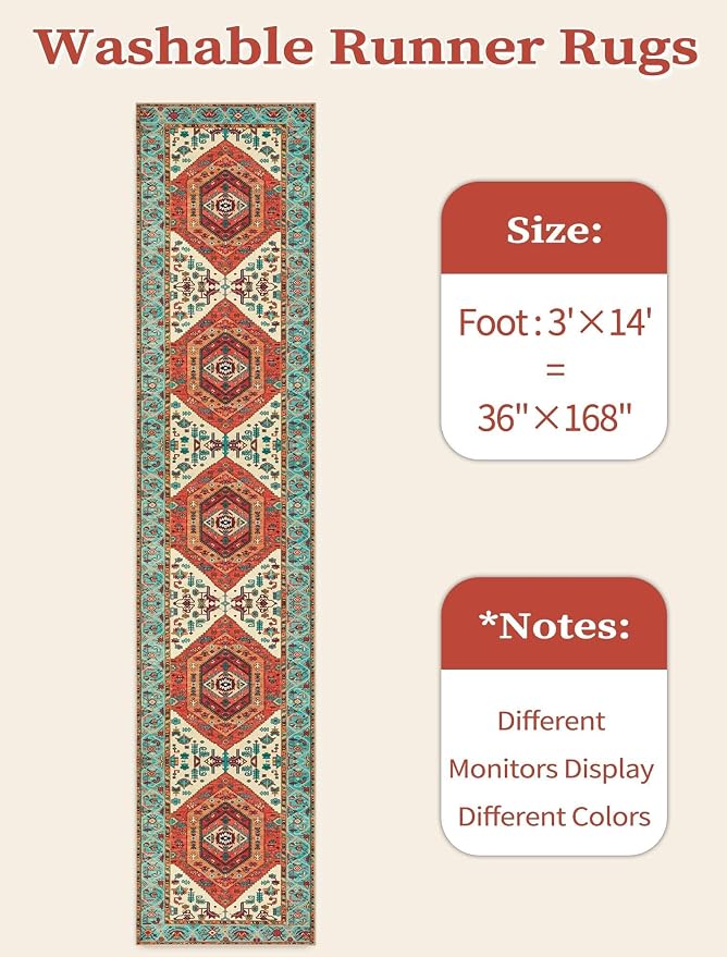 SERISSA 3x14 Washable Non Slip Boho Runner Rug for Hallway，Orange | Ultra Soft Vintage Oriental Carpet Low-Pile Tribal Floor Carpet for Stair Kitchen Bedroom Bathroom Laundry Room