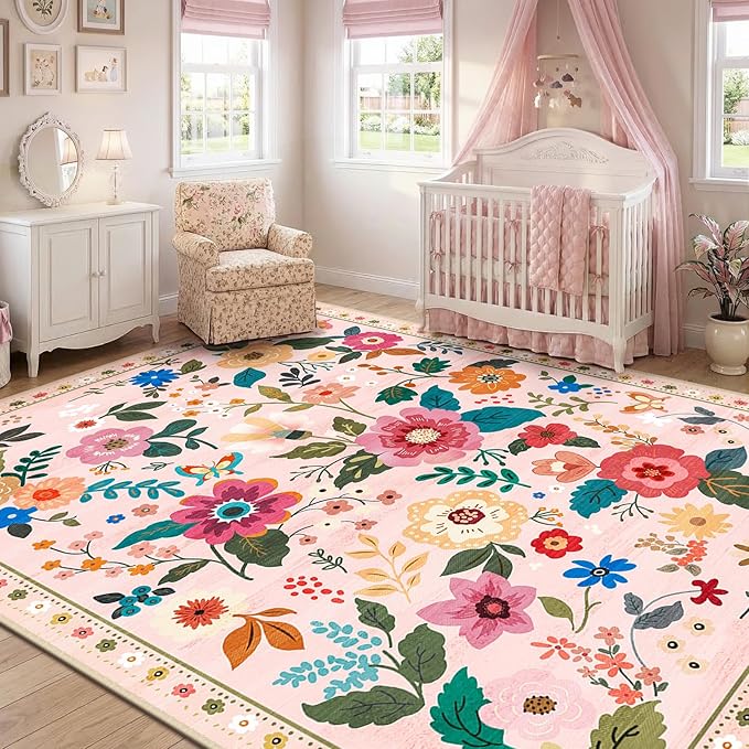 RELEANY Floral Washable 9x12 Area Rugs Pink | Flower Carpet, Print, Boho, Non-Slip, Easy to Clean, Soft, Low Pile for Living Room Bedroom Kitchen Office Entryway Hallway