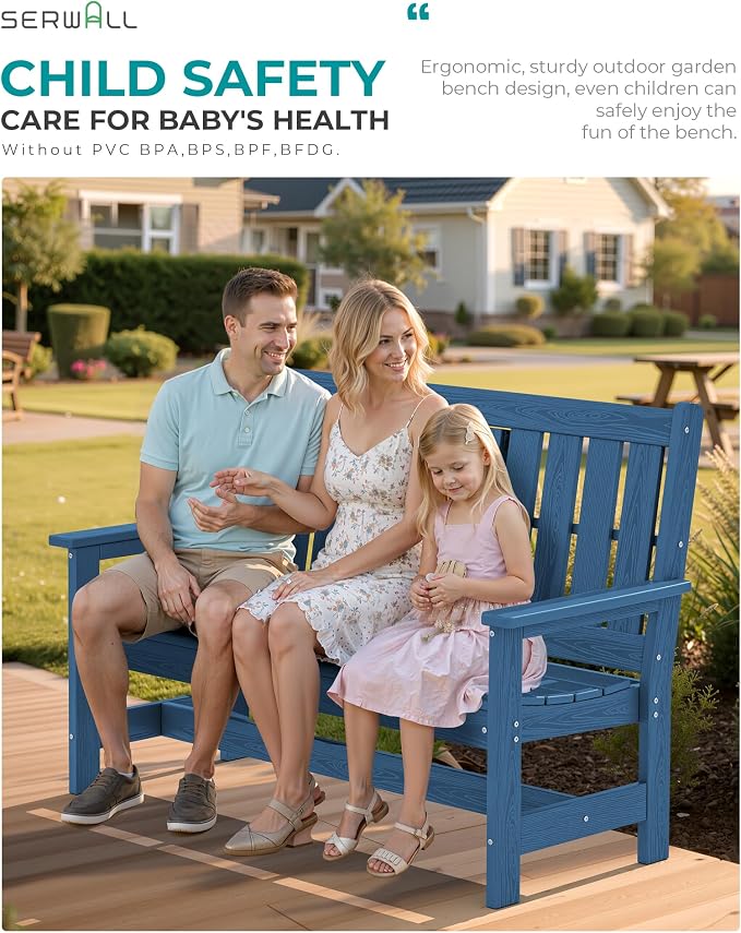 SERWALL HDPE Outdoor Bench with Cup Holder Oversized 58" Porch Bench, Navy | Suitable for 3 Person, Heavy-duty, High Backrest, Weatherproof Material Patio Benches for Garden, Park, Yard, Front Porch