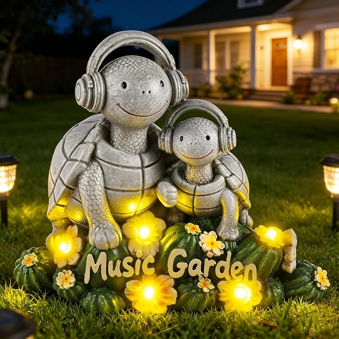 Solar Garden Turtle Statue 5.9"with Headphones,Solar Statue with 5 LED Lights,Anti-Fade Stone Texture Turtle Gifts for Women Men Mom Dad,Unique Resin Lawn Ornaments for Patio Yard Lawn Balcony