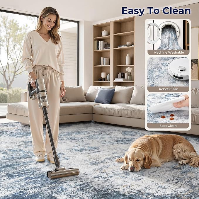 DMOYEST 7x9 Area Rug for Living Room Washable Abstract Indoor Carpet | Neutral Modern Low Pile Rugs Kid & Pet Friendly Large Soft Thin Carpet for Bedroom Dining Room - Blue
