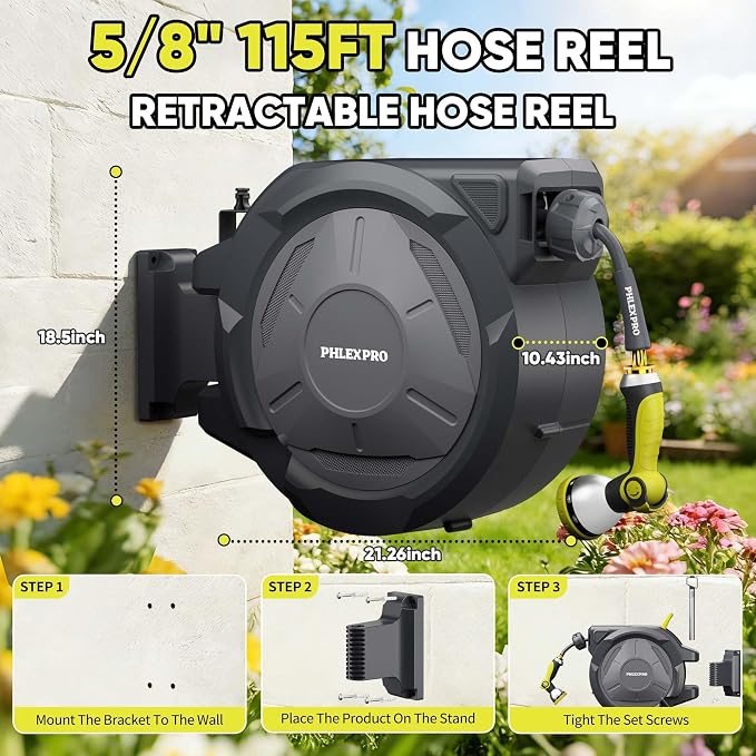 115FT x 5/8" Retractable Garden Hose Reel - PHLEXPRO Heavy Duty Hose Reel Wall Mount 3/4" Brass Fitting 10 Pattern Nozzle, Any Length Lock Automatic Slow Retraction 180° Swivel, UV Resistant