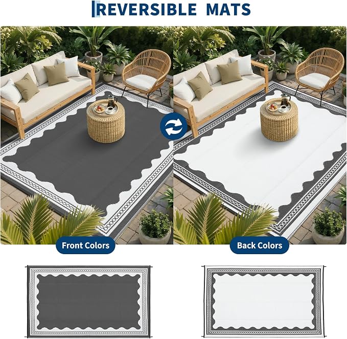 Garvee Outdoor Rug 9x12 Scalloped Waterproof Patio RV Outdoor Rugs Reversible Foldable Plastic Straw Rug Modern Camping Carpet for Deck Camper Porch Balcony Backyard Picnic Beach Grey
