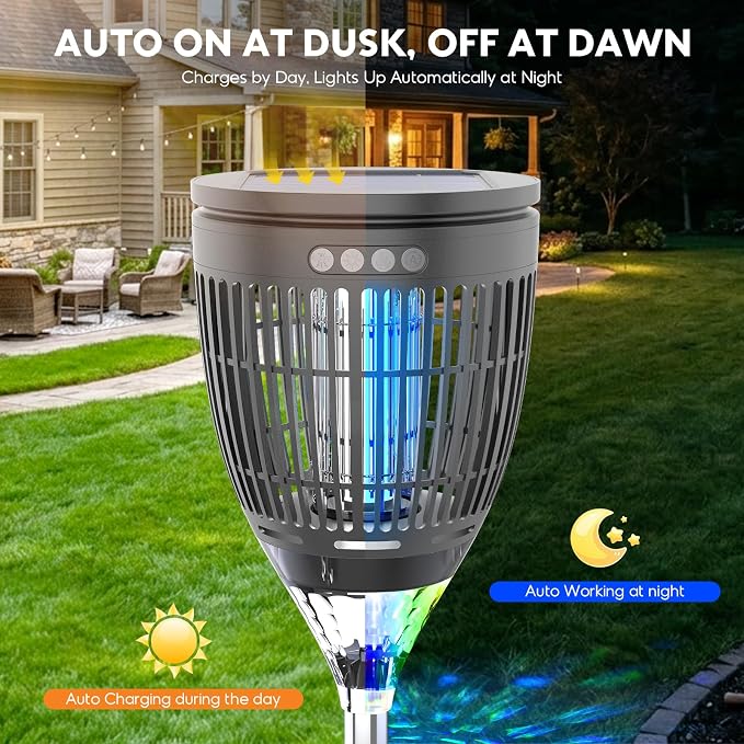 Solar Bug Zapper Outdoor, Mosquito Zapper with Flame Light & RGB Projector | Solar Powered & USB Rechargeable, IP65 Waterproof 4200V Electric Mosquito Killer for Yard Garden Camping 2000 Sq Ft