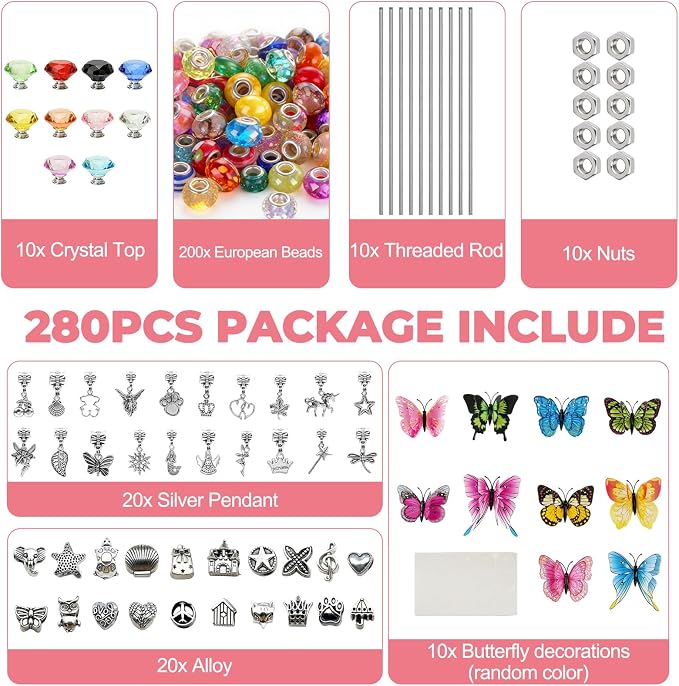 280 Pcs DIY Beaded Garden Stakes Kit with Crystal Stoppers | Garden stakes kit with beads colorful crystal stoppers, DIY fairy wands, garden decor, outdoor crafts