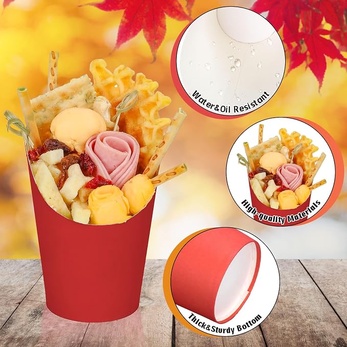 FYSUIMU 60Pcs Fall Colors Charcuterie Cups with 100Pcs Sticks 60 Plastic Treat Goodie Bags Twist Ties 14oz Orange Red French Fries Cup Holder for Home Kitchen Autumn Thanksgiving Party