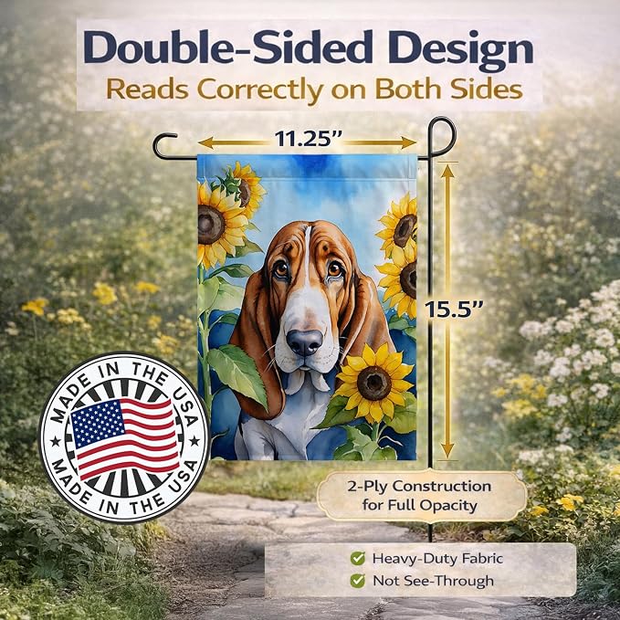 Caroline's Treasures DAC6017GF Basset Hound in Sunflowers Garden Flag Mailbox Flag Decorative Yard Flag Banner Outside Patio Artwork Yard Flower Beds, Garden Size, Multicolor